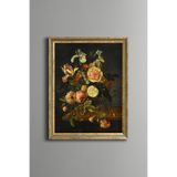 Çizgili Lale ve Gül Kompozisyonu - Vintage Desenli Çerçeve - İnce Model, Altın4, 21 x 30