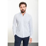 Çizgili Mavi Rengi Slim Fit Uzun Kollu Keten Erkek Gömlek - XL - Mavi - Beyaz
