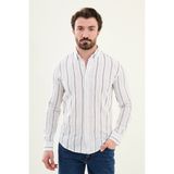 Çizgili Mavi Slim Fit Keten Erkek Gömlek - Beyaz - Mavi