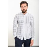 Çizgili Mavi Slim Fit Uzun Kollu Keten Erkek Gömlek - 2XL - Beyaz - Mavi