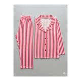 Çizgili Milan Kumaş Gömlek Yaka Düğmeli Pijama Takımı Yumuşacık Kumaş Pembe XL