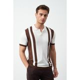 Çizgili Oversize Polo Yaka Triko Erkek T-Shirt - Kahverengi