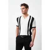 Çizgili Oversize Polo Yaka Triko Erkek T-Shirt - Siyah - 2XL