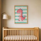 Çizgili Pembe Dinozor Çocuk Odası Duvar Posteri Çerçeveli Tablo Duvar Dekorasyonu - 21 x 30 - Ahşap Çerçeveli
