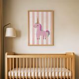 Çizgili Pembe Unicorn Çocuk Odası Duvar Posteri Çerçeveli Tablo Duvar Dekorasyonu - 21 x 30 - Ahşap Çerçeveli