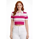 Çizgili Polo Yaka Düğmeli Triko Crop Bluz - Fuşya