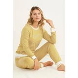 Cizgili Sifir Yaka Pijama Takim - Hardal