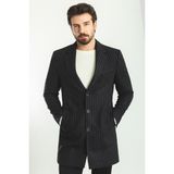 Çizgili Siyah Renk Slim Fit Mono Yaka Yün Erkek Kaban - 58