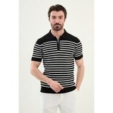Çizgili Siyah Slim Fit Fermuarlı Polo Yaka Erkek Triko T-Shirt - XL