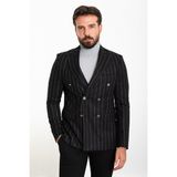 Çizgili Siyah Slim Fit Geniş Yaka Kruvaze Yün Erkek Ceket - 48