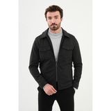 Çizgili Siyah Slim Fit Gömlek Yaka Yün Erkek Mont - 50