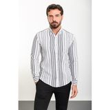 Çizgili Siyah Slim Fit Uzun Kollu Erkek Gömlek - Beyaz - Siyah