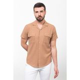 Çizgili Slim Fit Apaç Yaka Kısa Kollu Keten Erkek Gömlek - Kamel