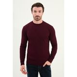 Çizgili Slim Fit Bisiklet Yaka Erkek Triko Kazak - Bordo