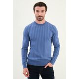 Çizgili Slim Fit Bisiklet Yaka Erkek Triko Kazak - İndigo - 2XL