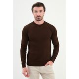 Çizgili Slim Fit Bisiklet Yaka Erkek Triko Kazak - Kahverengi - 2XL