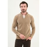 Çizgili Slim Fit Fermuarlı Yarım Balıkçı Yaka Şönil Kumaş Erkek Triko Kazak - Bej
