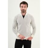 Çizgili Slim Fit Fermuarlı Yarım Balıkçı Yaka Şönil Kumaş Erkek Triko Kazak - Ekru - 2XL