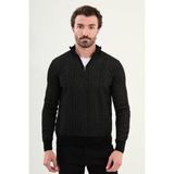 Çizgili Slim Fit Fermuarlı Yarım Balıkçı Yaka Şönil Kumaş Erkek Triko Kazak - Siyah - 2XL