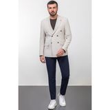 Çizgili Slim Fit Geniş Yaka Kruvaze Erkek Ceket - 54 - Bej
