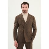 Çizgili Slim Fit Geniş Yaka Kruvaze Erkek Takım Elbise - 56 - Kahverengi - 6 Drop