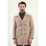 Çizgili Slim Fit Geniş Yaka Kruvaze Kaşe Erkek Kaban - Kahve - Bej - 48