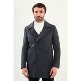 Çizgili Slim Fit Geniş Yaka Kruvaze Kaşe Erkek Kaban - Lacivert - Gri - 58