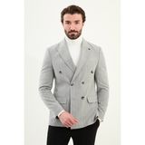Çizgili Slim Fit Geniş Yaka Kruvaze Yün Erkek Ceket - Gri - 52