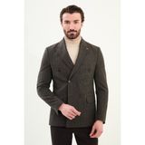 Çizgili Slim Fit Geniş Yaka Kruvaze Yün Erkek Ceket - Kahverengi - 50