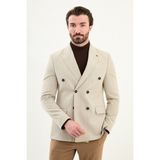 Çizgili Slim Fit Geniş Yaka Kruvaze Yün Erkek Ceket - Taş - 52