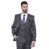 Çizgili Slim Fit Gri Yelekli Takım Elbise