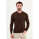 Çizgili Slim Fit Polo Yaka Erkek Triko Kazak - Kahverengi