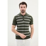 Çizgili Slim Fit Polo Yaka Erkek Triko T-Shirt - Haki