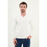 Çizgili Slim Fit Polo Yaka Uzun Kollu Pamuk Erkek T-Shirt - Ekru - 2XL