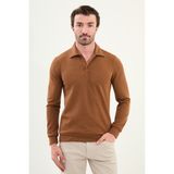 Çizgili Slim Fit Polo Yaka Uzun Kollu Pamuk Erkek T-Shirt - Kahverengi - 2XL