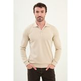 Çizgili Slim Fit Polo Yaka Uzun Kollu Pamuk Erkek T-Shirt - Koyu Bej