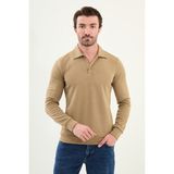 Çizgili Slim Fit Polo Yaka Uzun Kollu Pamuk Erkek T-Shirt - Vizon