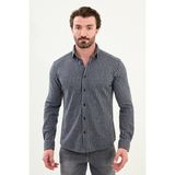 Çizgili Slim Fit Yün Erkek Gömlek - 2XL - Lacivert - Gri