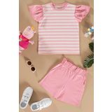 Çizgili Volanlı Kol Tshirt Şort Pembe Takım