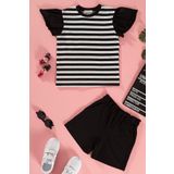 Çizgili Volanlı Kol Tshirt Şort Siyah Takım