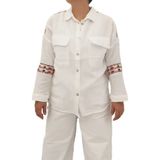 Çizgin Beyaz Omuz Nakışlı Oversize Keten Gömlek - 38 - 001-Beyaz
