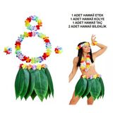 Cj Yetişkin Hawaii Kostüm Seti - Yaprak Etek & Hawaii Set - 5 Parça