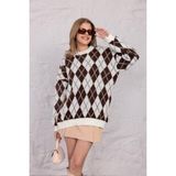 Ckm Moda Argyle Baklava Desenli Yünlü Triko Kazak Krem Kahve - Krem - Kahverengi - Standart