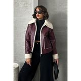 Ckm Moda Kürklü Suni Deri Kısa Mont Bordo Krem - Bordo - Krem