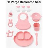 CKM Silikon 11 Parça Bebek Beslenme Seti BPA'sız Pembe Kolay Temizlenebilir Silikon Mama Seti