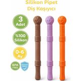 CKM Silikon Bebek Diş Kaşıyıcıs Silikon Pipet & Diş Kaşıyıcı Set – 3’lü (Kahverengi, Lila & Turuncu) Dişlik Çiğneme Tüpü Pipet