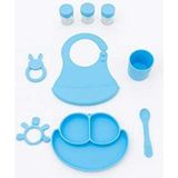 CKM Silikon CKM 9 Parça Silikon Mama Seti Mavi Ergonomik Tasarım BPA İçermez Bebek Beslenme Seti