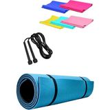 CKSpor 14 mm Pilates Kamp Matı Pvc Atlama Ipi Plates Egzersiz Direnç Lastiği 3^lü Pilates Seti Mavi