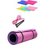 CKSpor 14 mm Pilates Kamp Matı Pvc Atlama Ipi Plates Egzersiz Direnç Lastiği 3^lü Pilates Seti Pembe