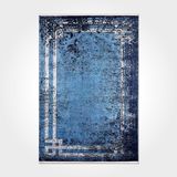Claire Mavi Çerçeveli Modern Geometrik Etnik Desenli Boho Makinada Yıkanabilir Hafif Hav Toz Vermez Leke Tutmaz Kaymaz Taban Dijital Makine Baskı Halı Oturma Odası Salon Yolluk Koridor Mutfak Halısı